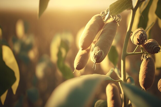 Foto primer plano de las vainas de soja la luz del sol y las plantaciones agrícolas de soja un campo de soja