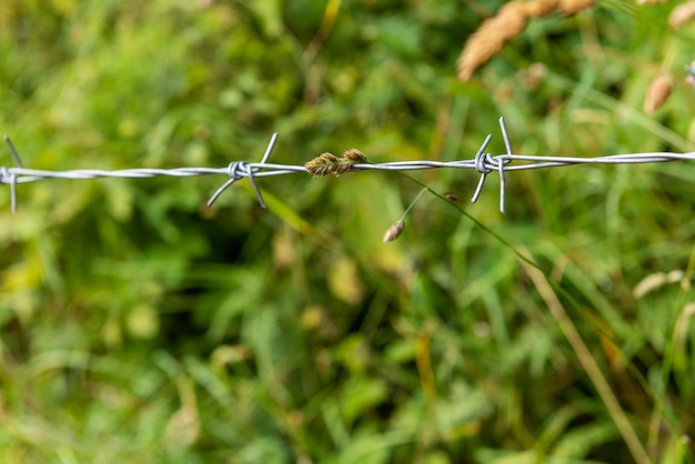 Primer plano de una valla de alambre de púas oxidado