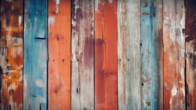 un primer plano de una valla de madera con un fondo azul y naranja.