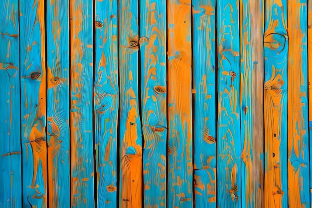Un primer plano de una valla de madera con pintura azul y naranja.