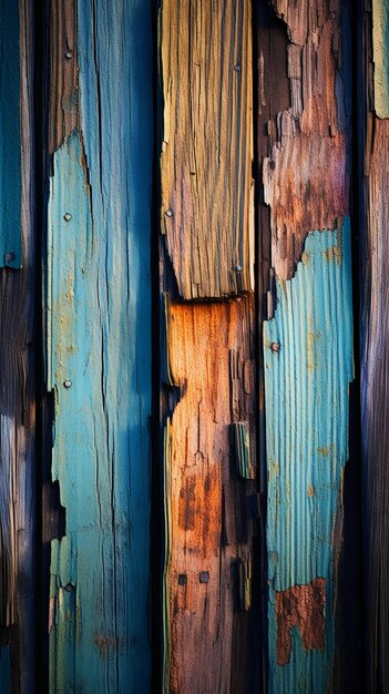 Un primer plano de una valla de madera con pintura oxidada.