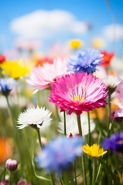 Un primer plano de una variedad de flores de colores en un campo