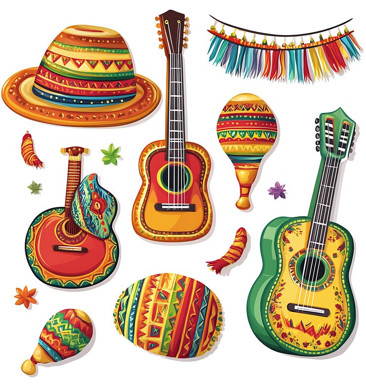 Foto un primer plano de una variedad de objetos coloridos, incluida una guitarra