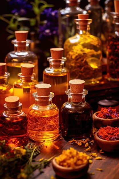 Foto primer plano de varios aceites esenciales y velas creados con ia generativa