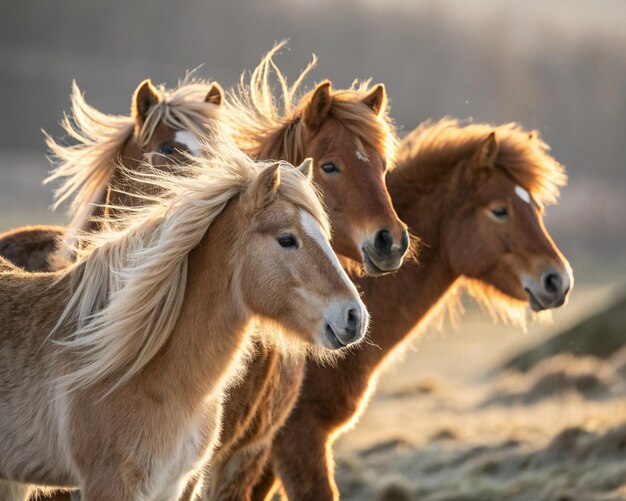 Un primer plano de varios caballos adorables de pie juntos en un tranquilo prado Sus suaves crines que fluyen se balancean suavemente en la brisa