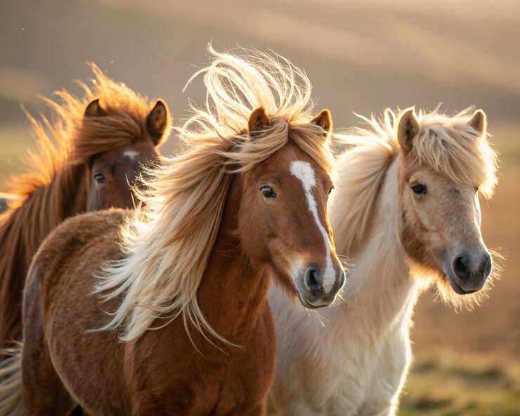 Un primer plano de varios caballos adorables de pie juntos en un tranquilo prado Sus suaves crines que fluyen se balancean suavemente en la brisa