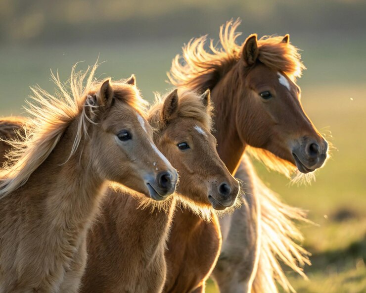 Un primer plano de varios caballos adorables de pie juntos en un tranquilo prado Sus suaves crines que fluyen se balancean suavemente en la brisa
