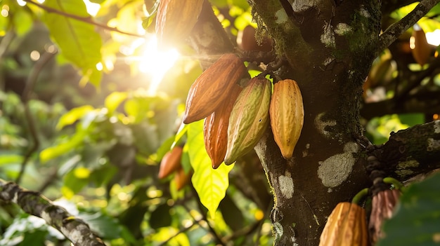 Primer plano de varios frutos de cacao colgados de un árbol de cacao con sol en un campo de cacao con espacio para copiar IA generativa