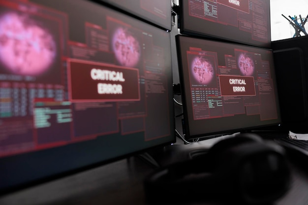 Primer plano de varios monitores que muestran un mensaje de error crítico después de un ataque de cibercrimen y una alerta de piratería. Pantalla de computadora que muestra mal funcionamiento digital y amenaza de error, bloqueo del sistema.
