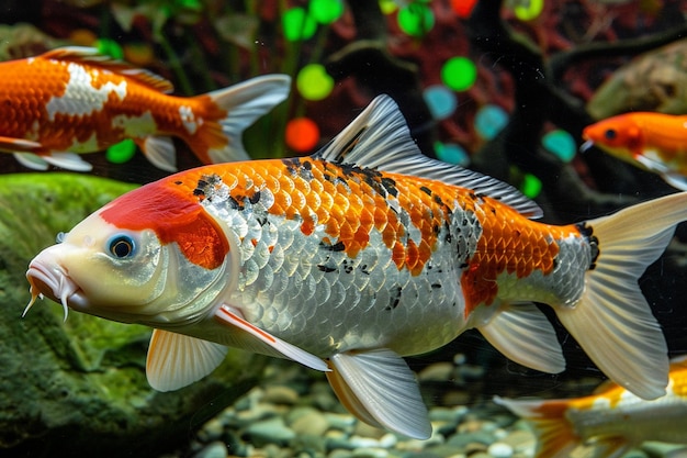 Un primer plano de varios peces koi nadando en un estanque con hermosos fondos de bokeh de colores exóticos