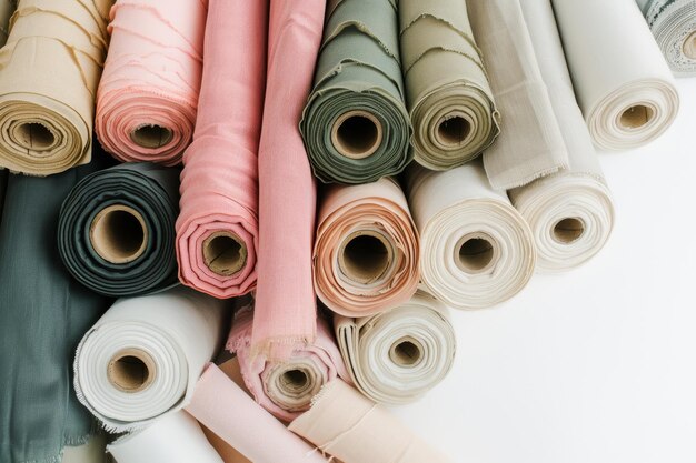 Un primer plano de varios rollos de tela multicolor apilados