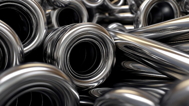 Foto primer plano de varios tubos de acero cilíndricos apilados juntos tubos metálicos industriales con superficie reflectante