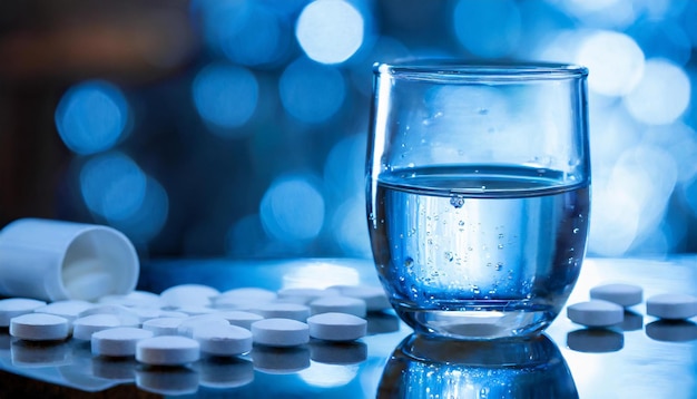 Primer plano de un vaso de agua y un montón de pastillas redondas Concepto de atención médica y medicina Tonos azules