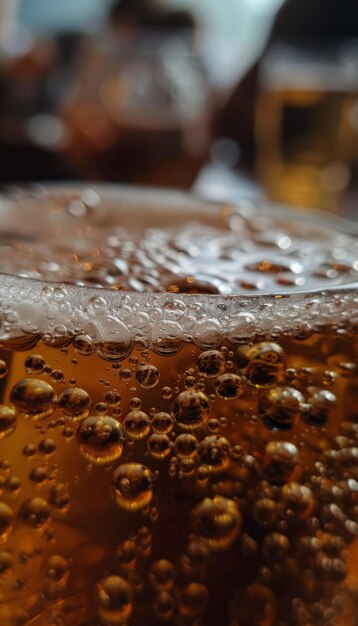 Foto primer plano de un vaso de cerveza ámbar con burbujas