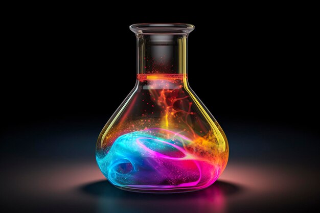 Primer plano de un vaso de ciencia lleno de líquidos multicolores IA generativa