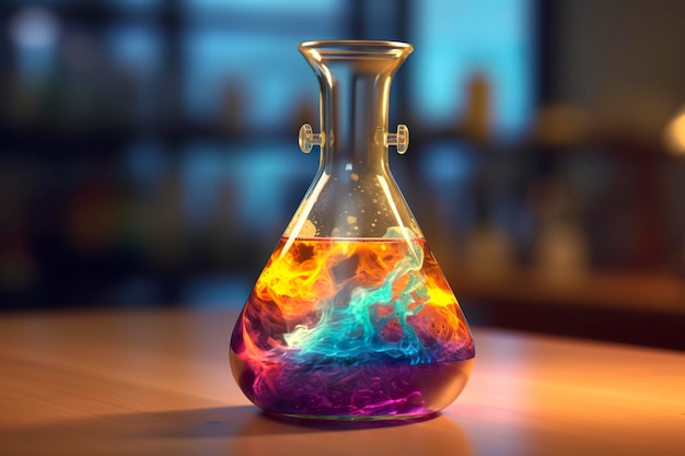 Primer plano de un vaso de ciencia lleno de líquidos multicolores IA generativa