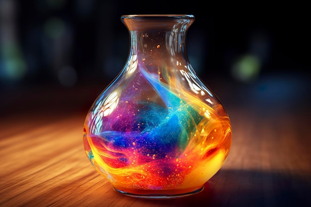 Un primer plano de un vaso científico lleno de líquidos multicolores