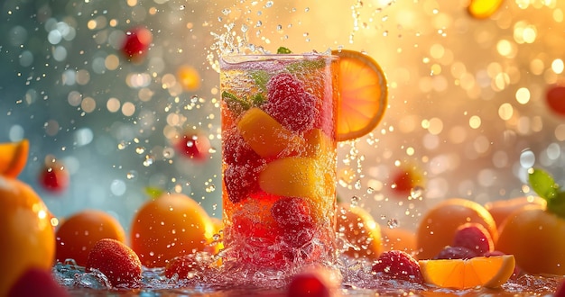 Primer plano de un vaso de jugo de cóctel de frutas con muchas frutas rodeándolo con un espacio de copia que representa un refresco de verano IA generativa