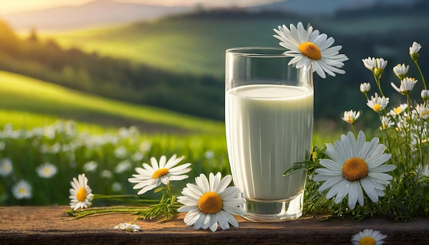 Primer plano de un vaso de leche fresca hierba verde y margaritas en el fondo bebida sabrosa y saludable