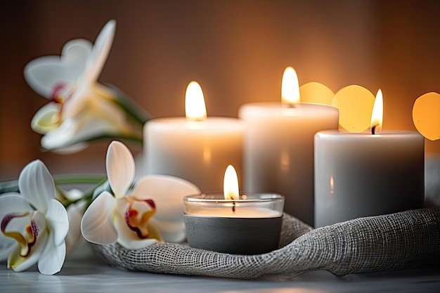 Primer plano de velas aromáticas que crean un ambiente relajante en un spa  elegante arreglo con un color gris