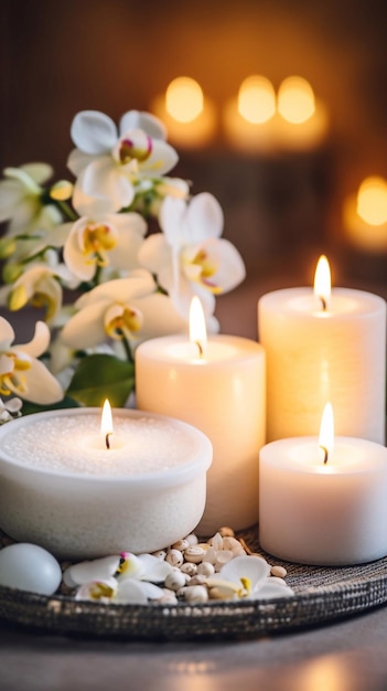 Un primer plano de velas encendidas esparciendo aroma en una mesa en un salón de spa Una hermosa composición con