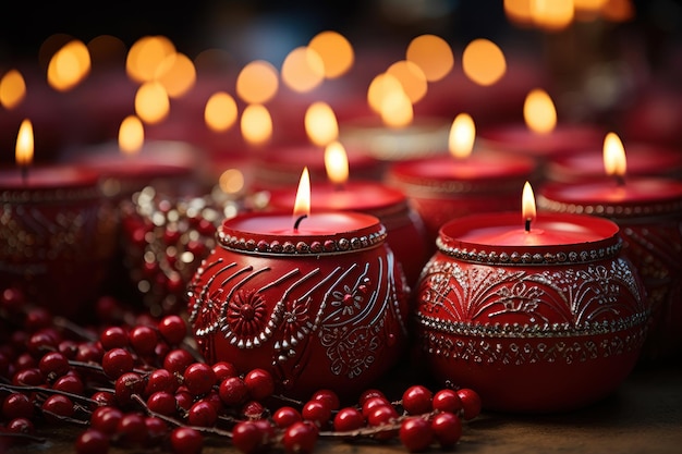Primer plano de velas festivas adornadas con adornos en miniatura papel pintado de Navidad