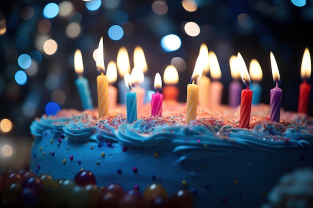 Un primer plano de velas no encendidas con sólo una vela encendida que queda después de soplar el pastel