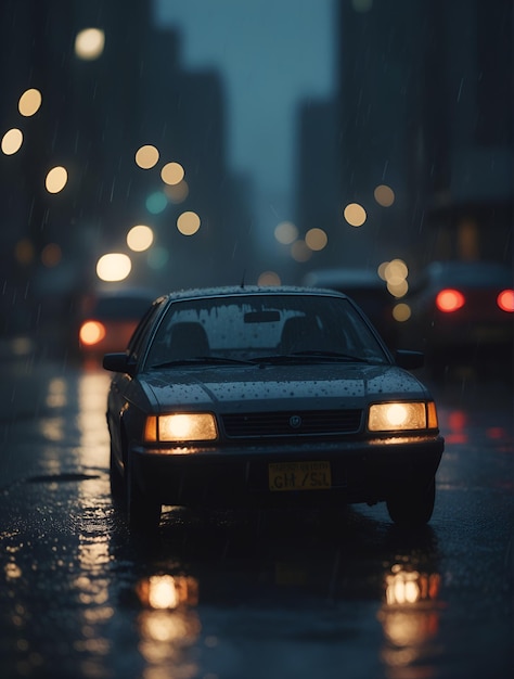 Un primer plano de una ventana de coche salpicada de lluvia con luces de la ciudad borrosas en el fondo capturando la sensación cinematográfica de una noche lluviosa