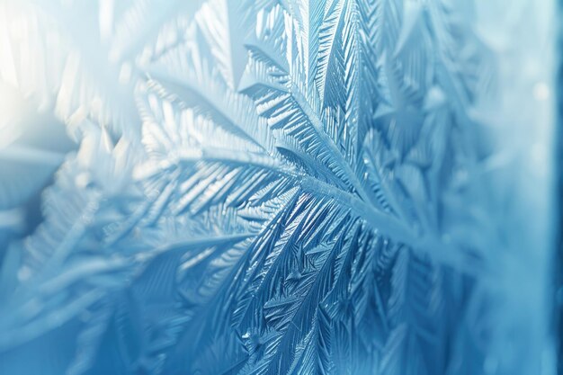 Primer plano de una ventana de invierno congelada con patrones de helada