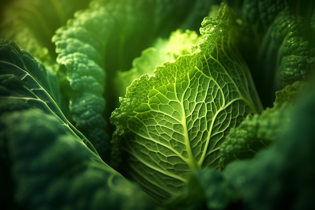 Un primer plano de una verdura de hoja verde con un ai generativo de luz brillante
