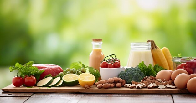 Primer plano de verduras, frutas y carne en la mesa de madera sobre fondo verde natural IA generativa