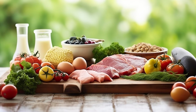 Primer plano de verduras, frutas y carne en la mesa de madera sobre fondo verde natural IA generativa