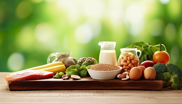 Foto primer plano de verduras, frutas y carne sobre una mesa de madera sobre fondo natural verde