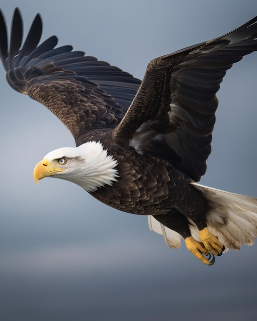 Foto primer plano vertical del águila calva mientras volaba