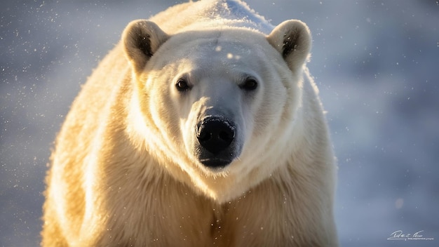 Primer plano vertical de un oso polar bajo la luz del sol durante la nevada