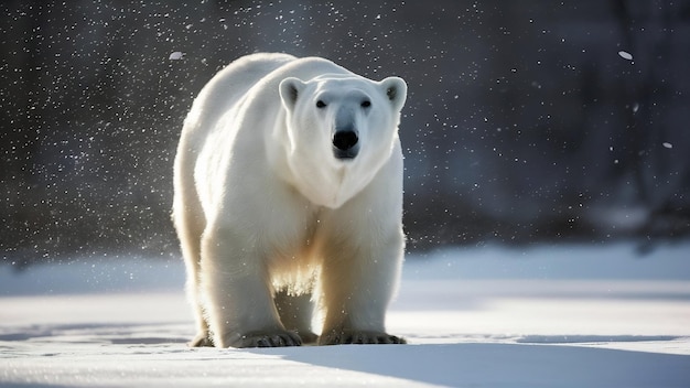 Primer plano vertical de un oso polar bajo la luz del sol durante la nevada