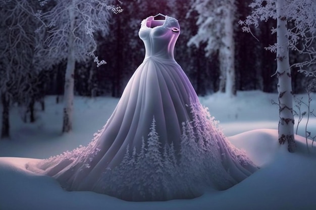 Primer plano de vestido en maniquí en bosque nevado ai generativo