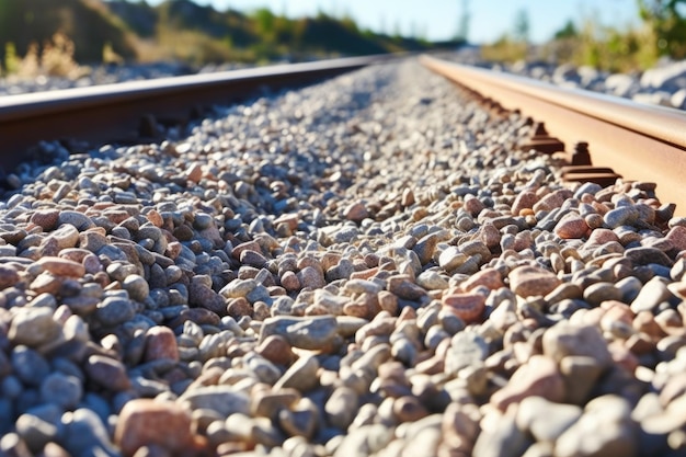 Un primer plano de una vía ferroviaria de grava en un día soleado