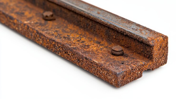 Un primer plano de una vía ferroviaria metálica oxidada aislada sobre un fondo blanco