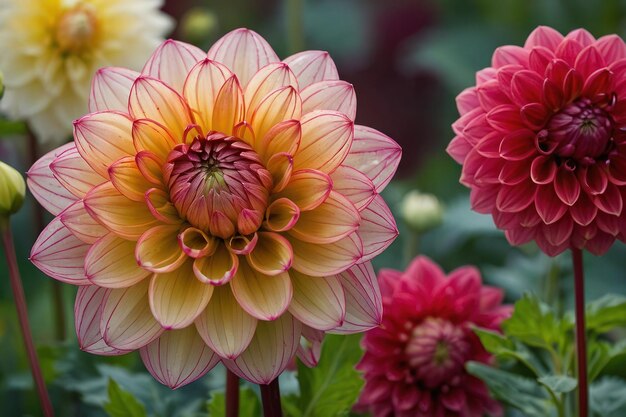 Un primer plano vibrante de una dahlia multicolor