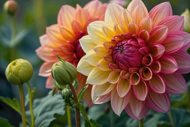 Un primer plano vibrante de una dahlia multicolor