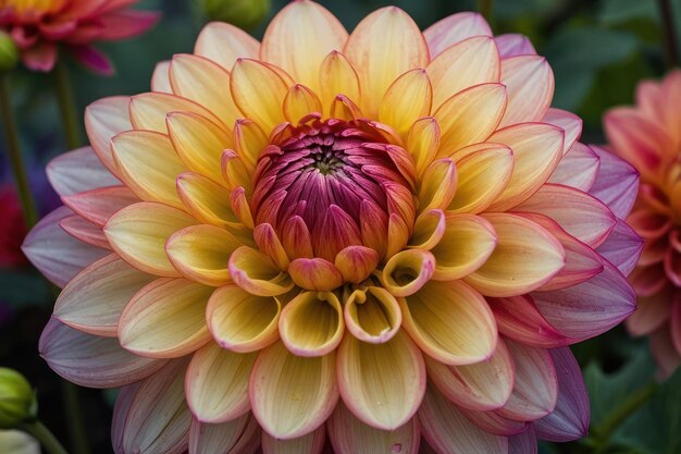 Un primer plano vibrante de una dahlia multicolor