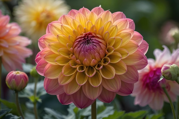 Un primer plano vibrante de una dahlia multicolor