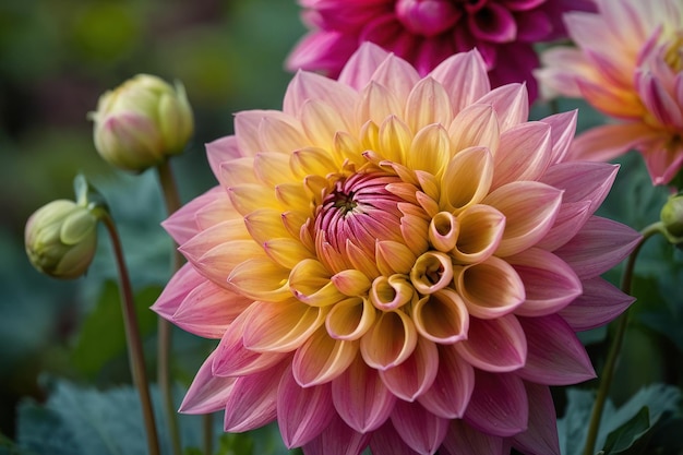 Un primer plano vibrante de una dahlia multicolor