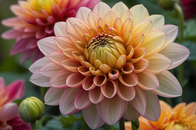 Un primer plano vibrante de una dahlia multicolor