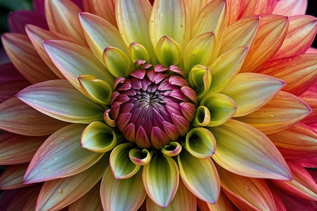 Un primer plano vibrante de una dahlia multicolor