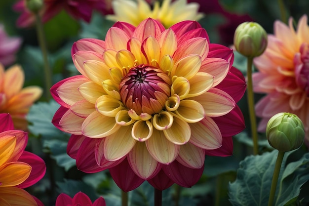 Un primer plano vibrante de una dahlia multicolor