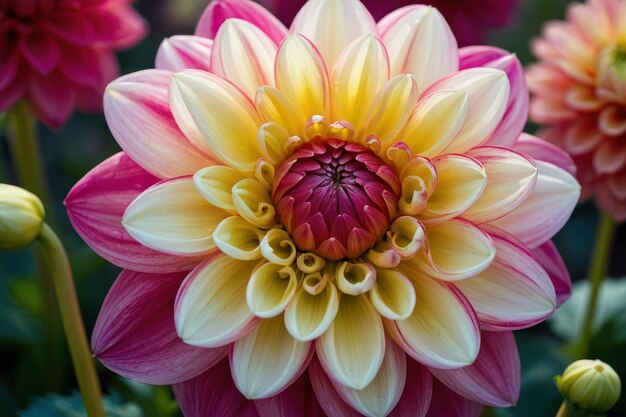 Un primer plano vibrante de una dahlia multicolor