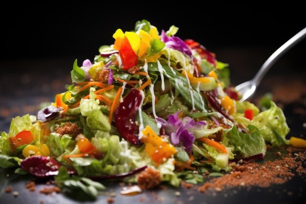 un primer plano de una vibrante ensalada mixta con tenedor