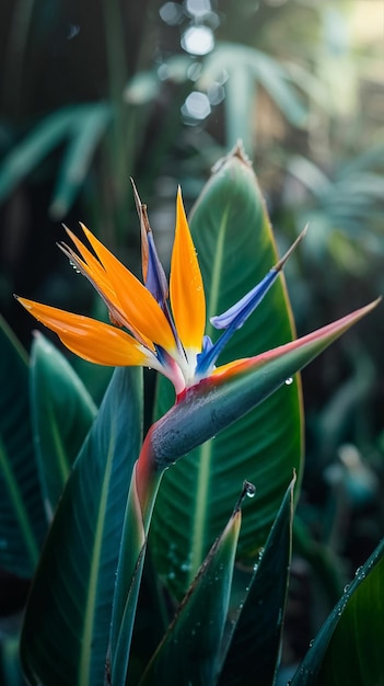 Primer plano de una vibrante flor de pájaro del paraíso en flor con gotas de agua